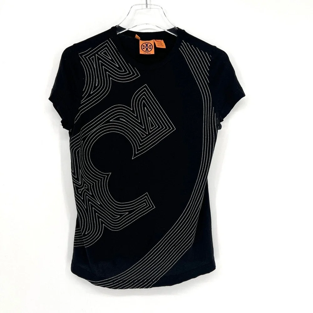 Tory Burch Top Womens XS T Shirt Tee Logo Pima Cotton Black